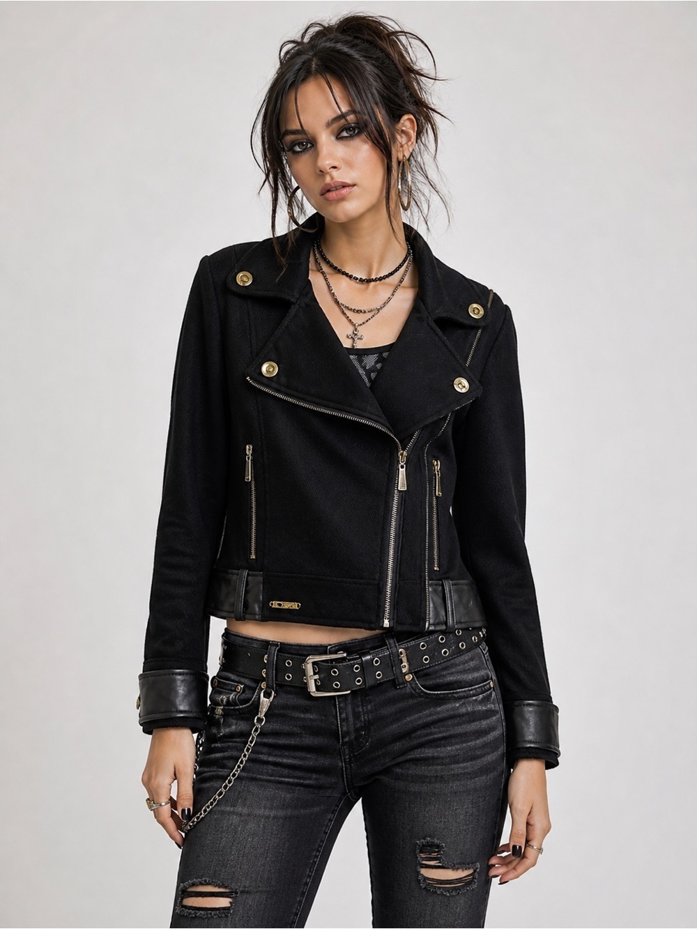 Y2K Apple Bottoms Black Wool Blend Zip Biker Moto Jacket Sz Large Grunge Rocker
